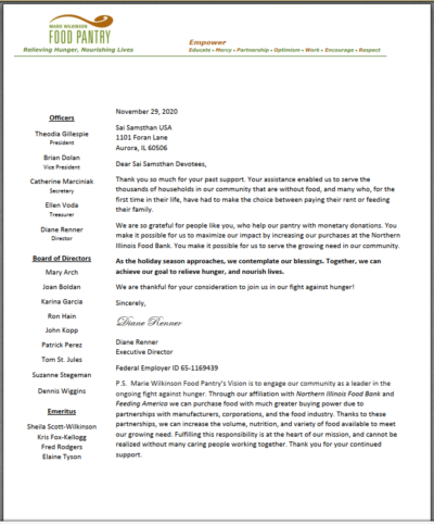 Thank-You Letter from Marie Wilkinson Food Pantry, November 2020